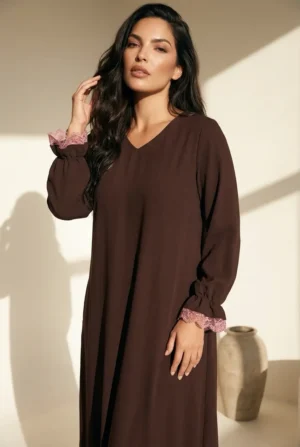 Grace Noir Lace Abaya – Chocolate Brown